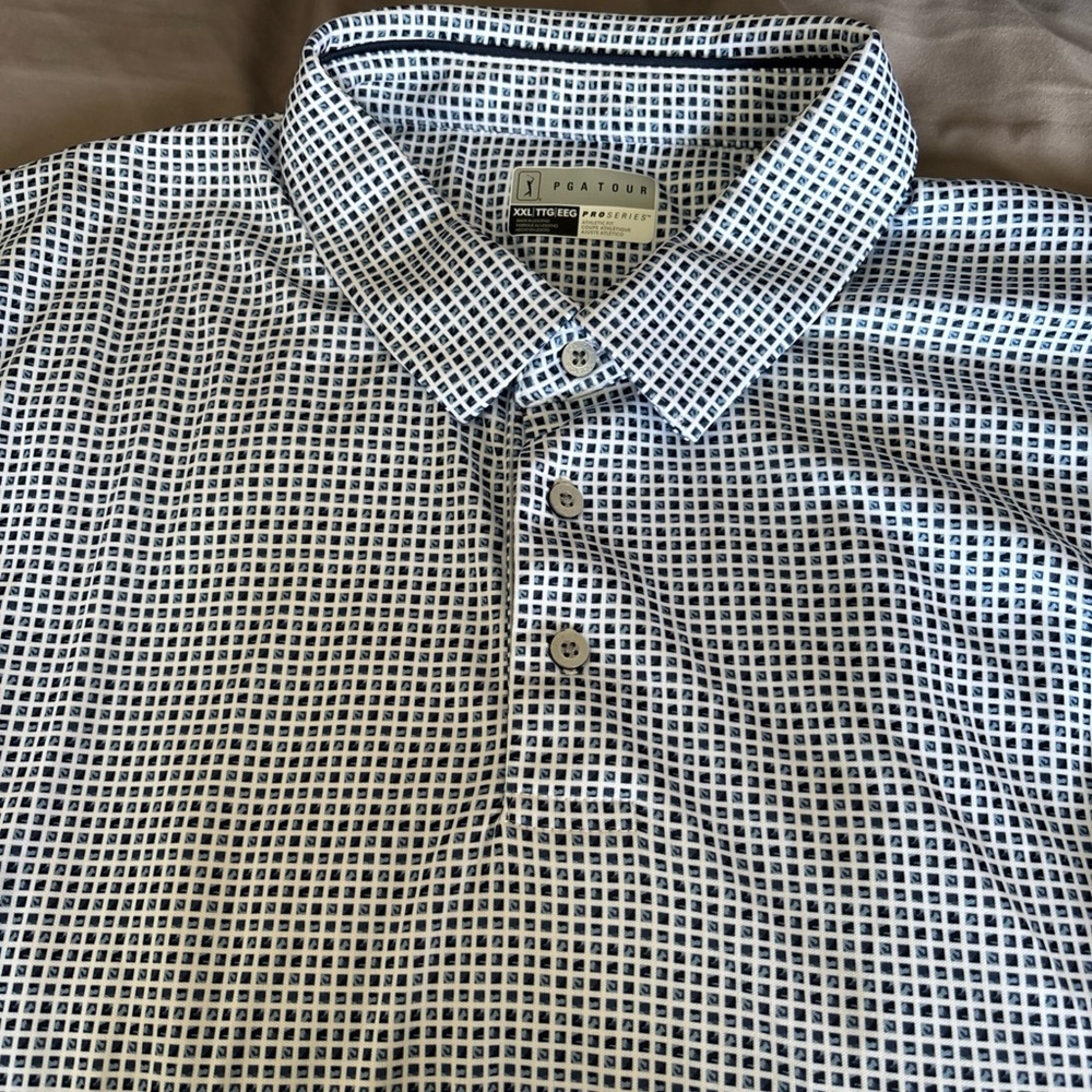 PGA TOUR White Golf Polo with Navy Grid Print